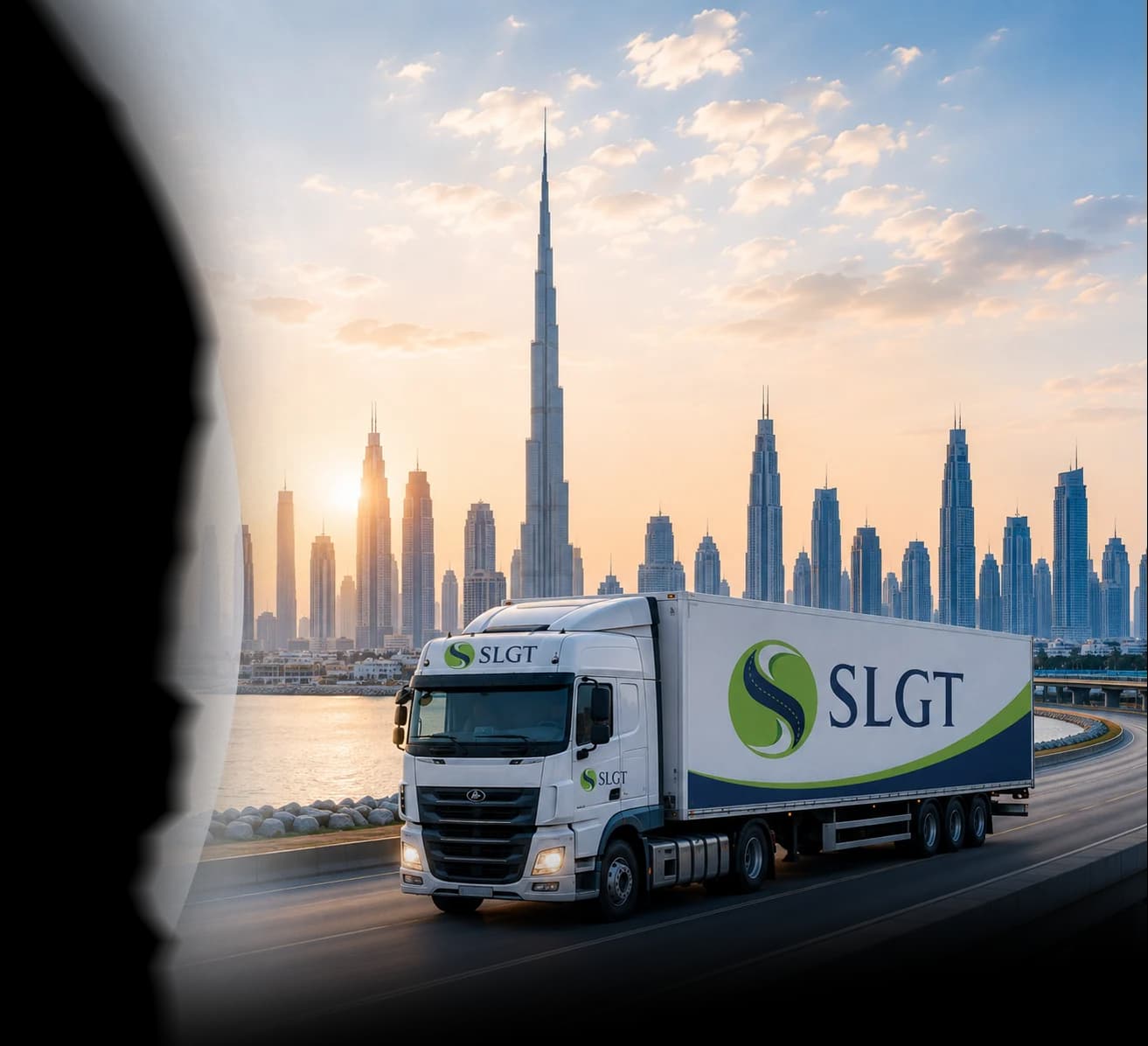An SLGT delivery truck on a Dubai highway with the city skyline behind it